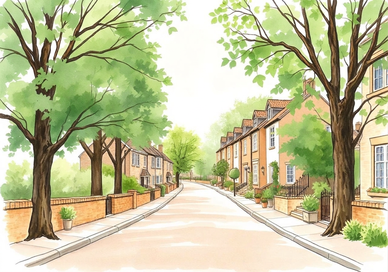 Watercolor of a tree-lined street in Lower Bloomfield